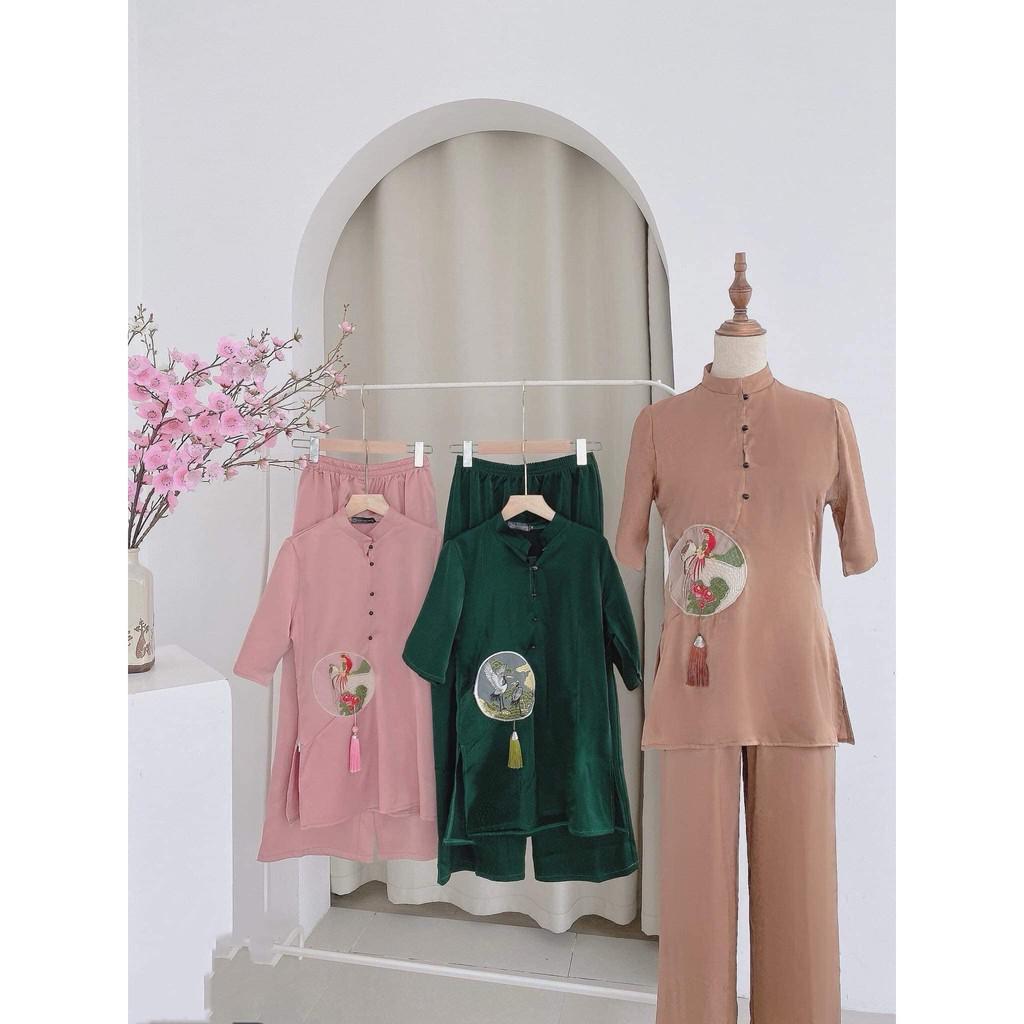 ĐỒ LAM ĐI CHÙA  Bộ Cổ Trụ Thêu Hạt Đính Ngọc Bội Tàu