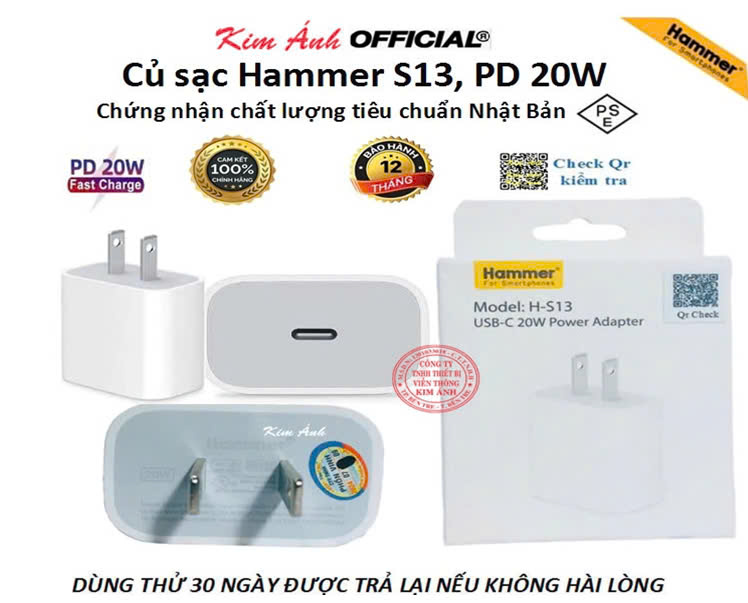 Củ sạc nhanh Ham mer S13 công suất PD 20W , đạt tiêu chuẩn chất lượng Nhật PSE, check Qr kiểm tra hàng chính hãng, bảo hành 1 năm