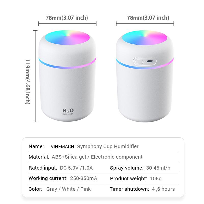 USB Máy Tạo Độ Ẩm Phun Sương Với Khí Quyển Light 300ML Làm Thơm Phòng Máy Khuếch Tán Tinh Dầu Tắt Tiếng Xe/Nhà/Văn Phòng Mini thoáng Mát Sương Máy Phun Sương Tạo Độ Ẩm