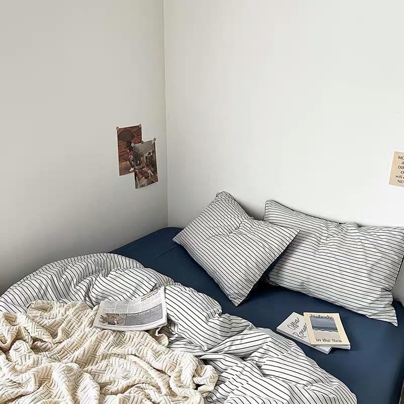 Bộ Vỏ chăn ga gối Cotton TC Nhà Nhím Chăn ga gối kẻ sọc caro 4 món