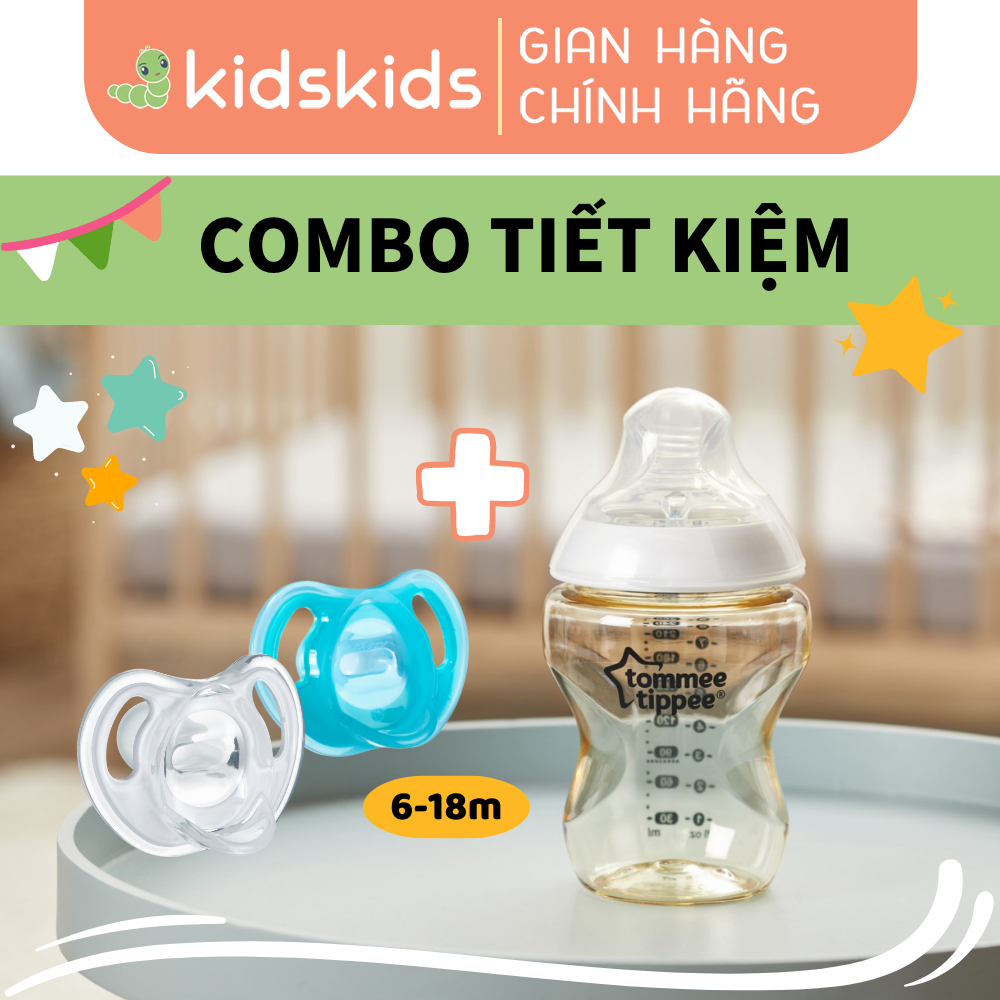 COMBO Bình sữa PPSU ty siêu mềm tự nhiên Tommee Tippee Closer to Nature 260ml, núm ty đi kèm 3-6 tháng &amp; Ty ngậm silicon siêu nhẹ cho bé Tommee Tippee Ultra Light 6-18 tháng (vỉ đôi) - Xanh dương/Trắng