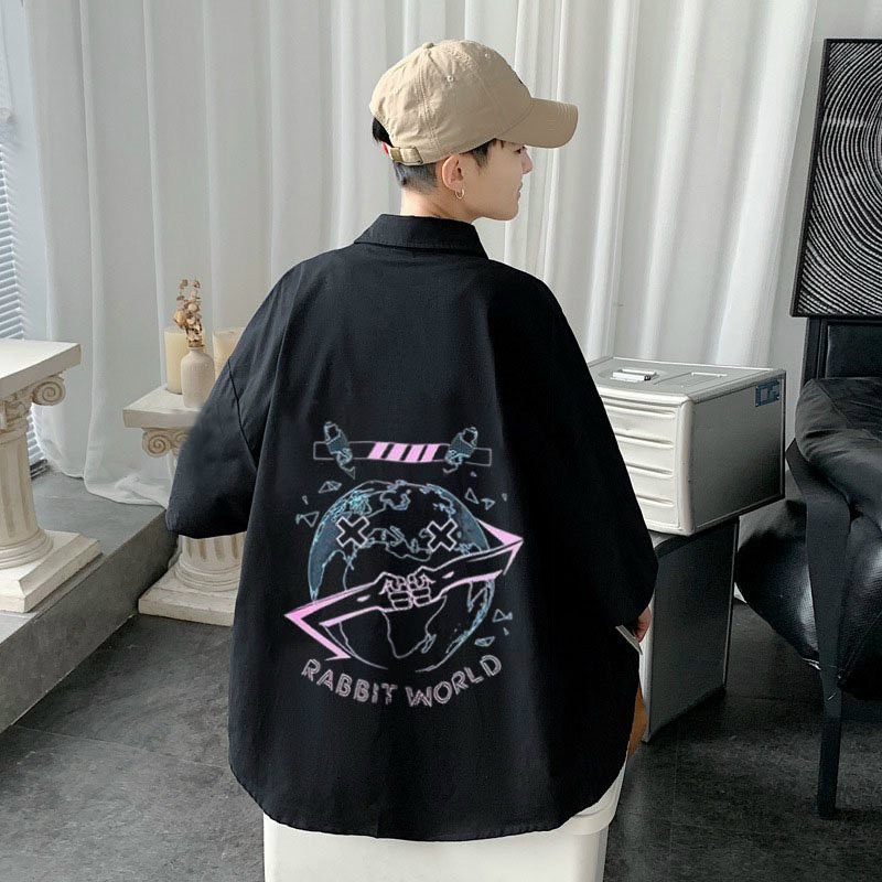 Áo sơ mi nam tay lỡ form rộng Unisex thêu họa tiết RABBIT, phong cách Hàn Quốc
