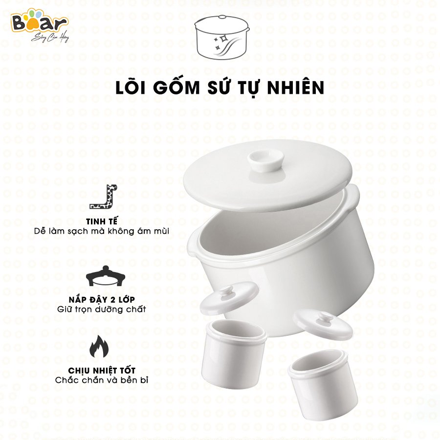 Nồi Nấu Chậm 1,6L Bear SUBE002 Đa Năng Nấu Cháo, Chưng Yến Bản Quốc Tế - Hàng Chính Hãng