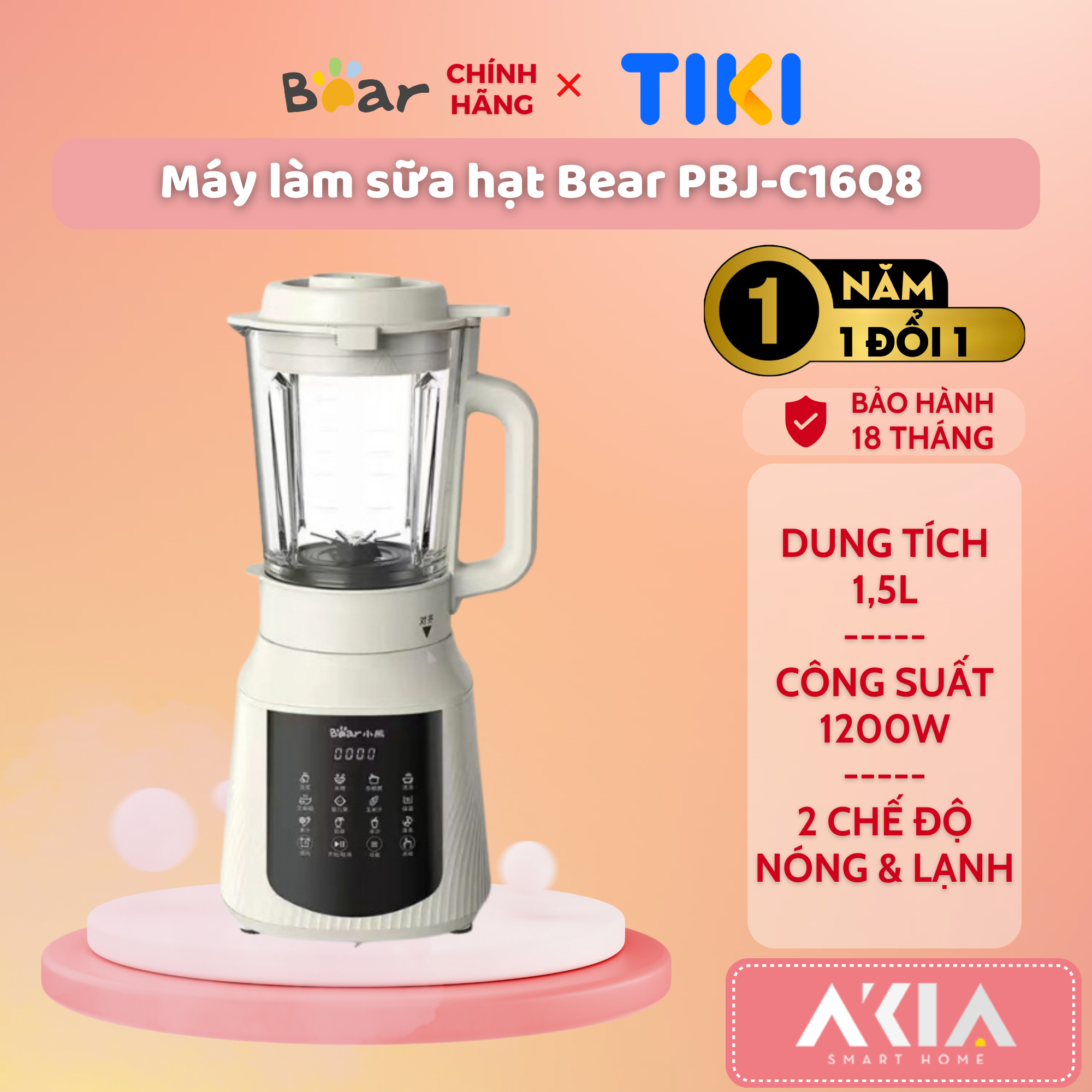 Máy làm sữa hạt 1.5L Bear PBJ-C16Q8, 2 chế độ xay nóng/ lạnh, chống dính, hẹn giờ 24 tiếng - HÀNG CHÍNH HÃNG