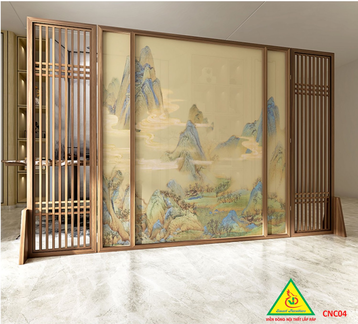 Bình phong gỗ khung tranh cắt CNC cho phòng khách, nhà bếp, nhà hàng, spa CNC04 - Nội thất lắp ráp Viendong Adv