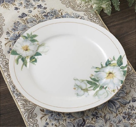 Bộ bàn ăn 28 chi tiết họa tiết trà Hoa Camellia trắng tinh khiết men sứ xương cao cấp phong cách Châu Âu