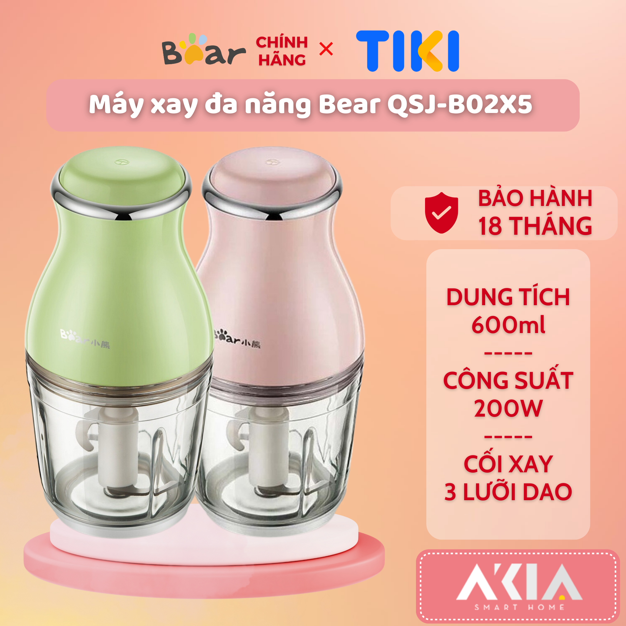 Máy xay thực phẩm đa năng Bear QSJ-B02X5 / QSJ-B02U2 - Dung tích 600ml, Công suất 200W, Xay thịt, rau củ, trái cây, bột cho bé - HÀNG CHÍNH HÃNG