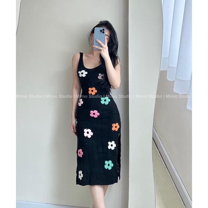 ĐẦM LEN ĐEN XẺ ĐÙI THÊU HOA- 2087