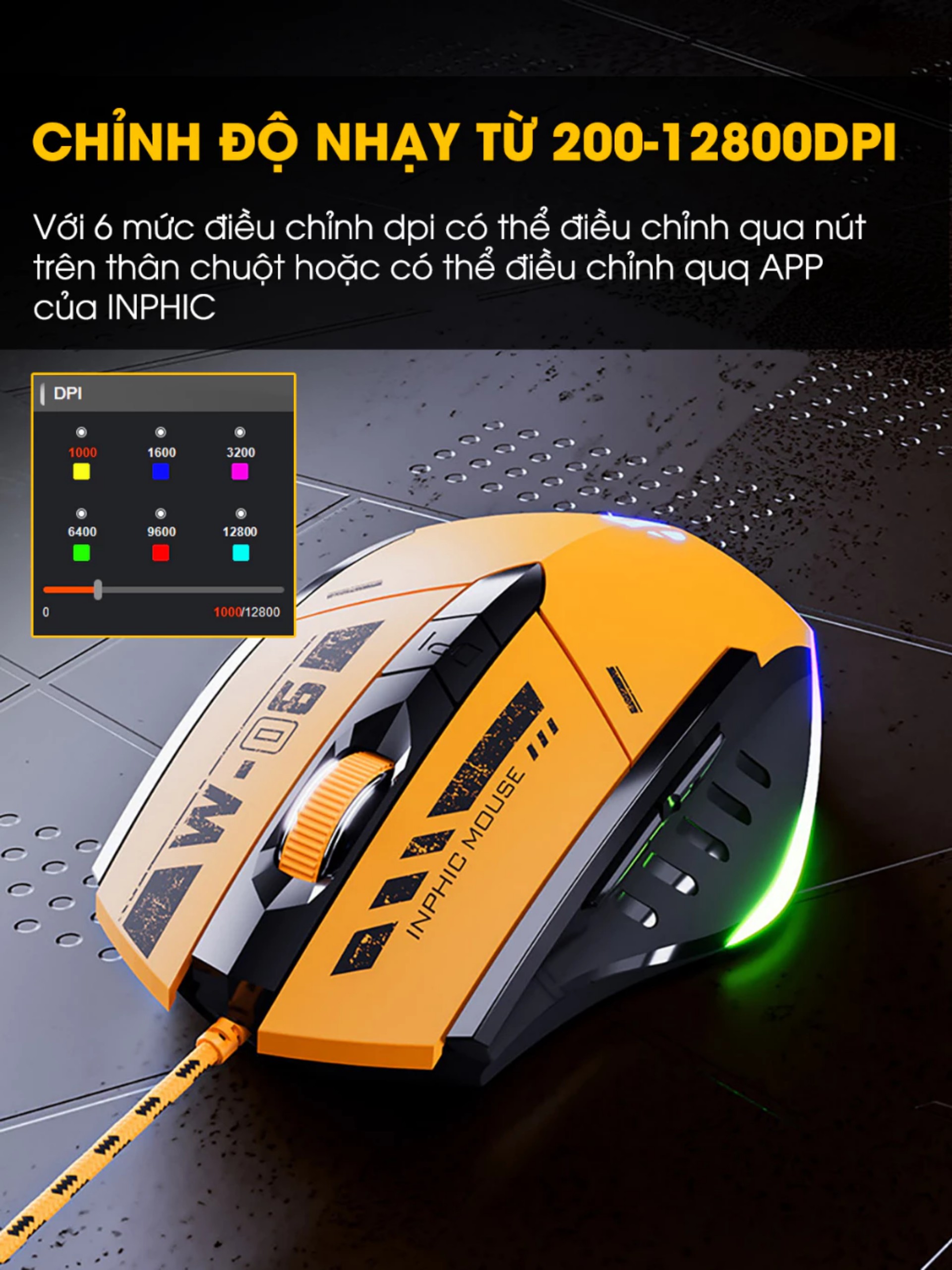 Chuột gaming máy tính có dây TEKKIN W6 12800 DPI có 6 nút hỗ trợ app led RGB 16 triệu màu - hàng chính hãng