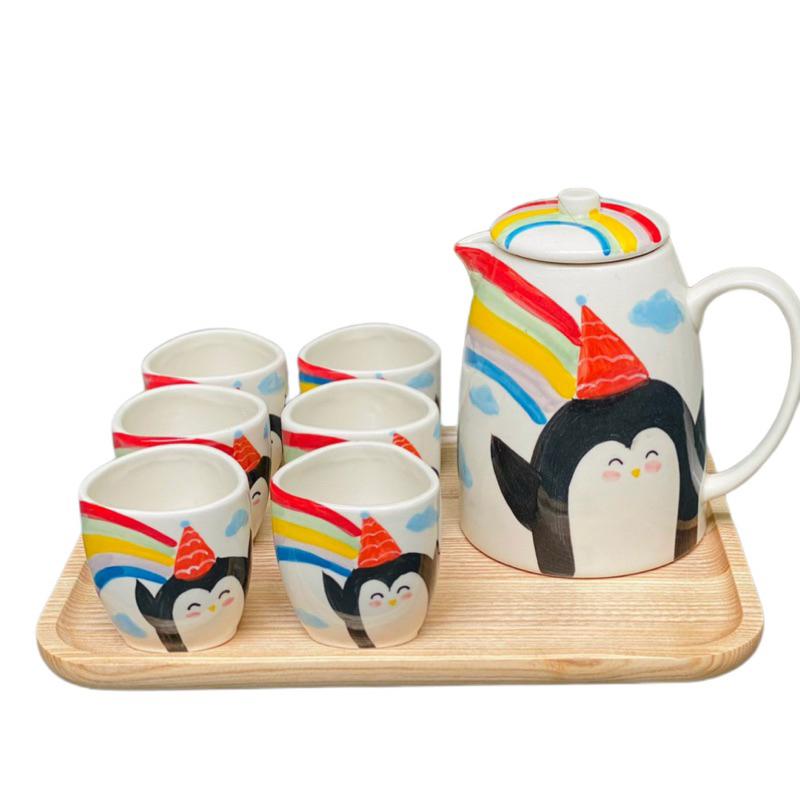 Bộ bình nước bình trà gốm Bát tràng hoạ tiết dễ thương hình hoa, dưa hấu - Bình 1 lít + cốc 180ml - Gốm sứ Bát tràng
