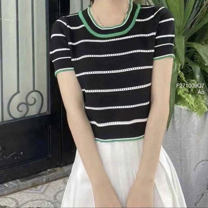Áo len Montoghi dệt kim cổ tròn phối viền KẺ SỌC CHẤM LƯỚI độc đáo