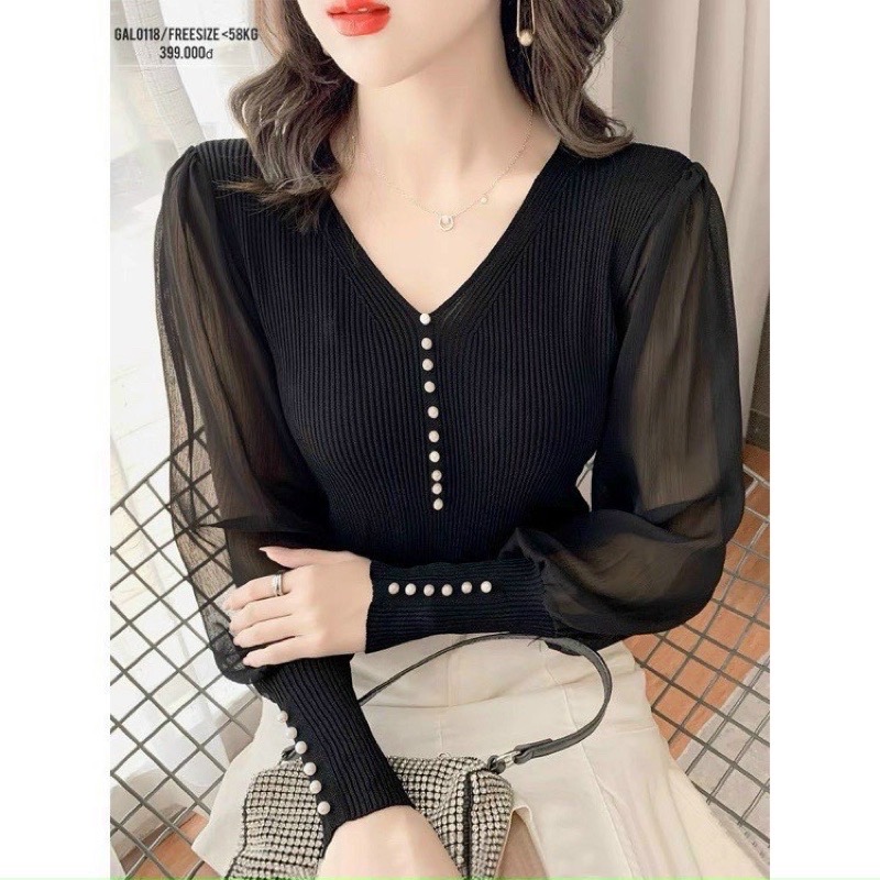 Áo dệt kim nữ  tay dài cổ chữ V phong cách trẻ trung cho nữ .
