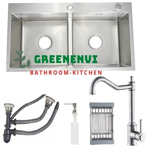 Combo chậu rửa chén bát  Greenenvi sus304 hai hố cân kích thước 7843, vòi rửa bát sus304 cổ điển 2 đường nước, rổ inox, bình xà phòng, bộ xả chậu và dây cấp nước nóng lạnh