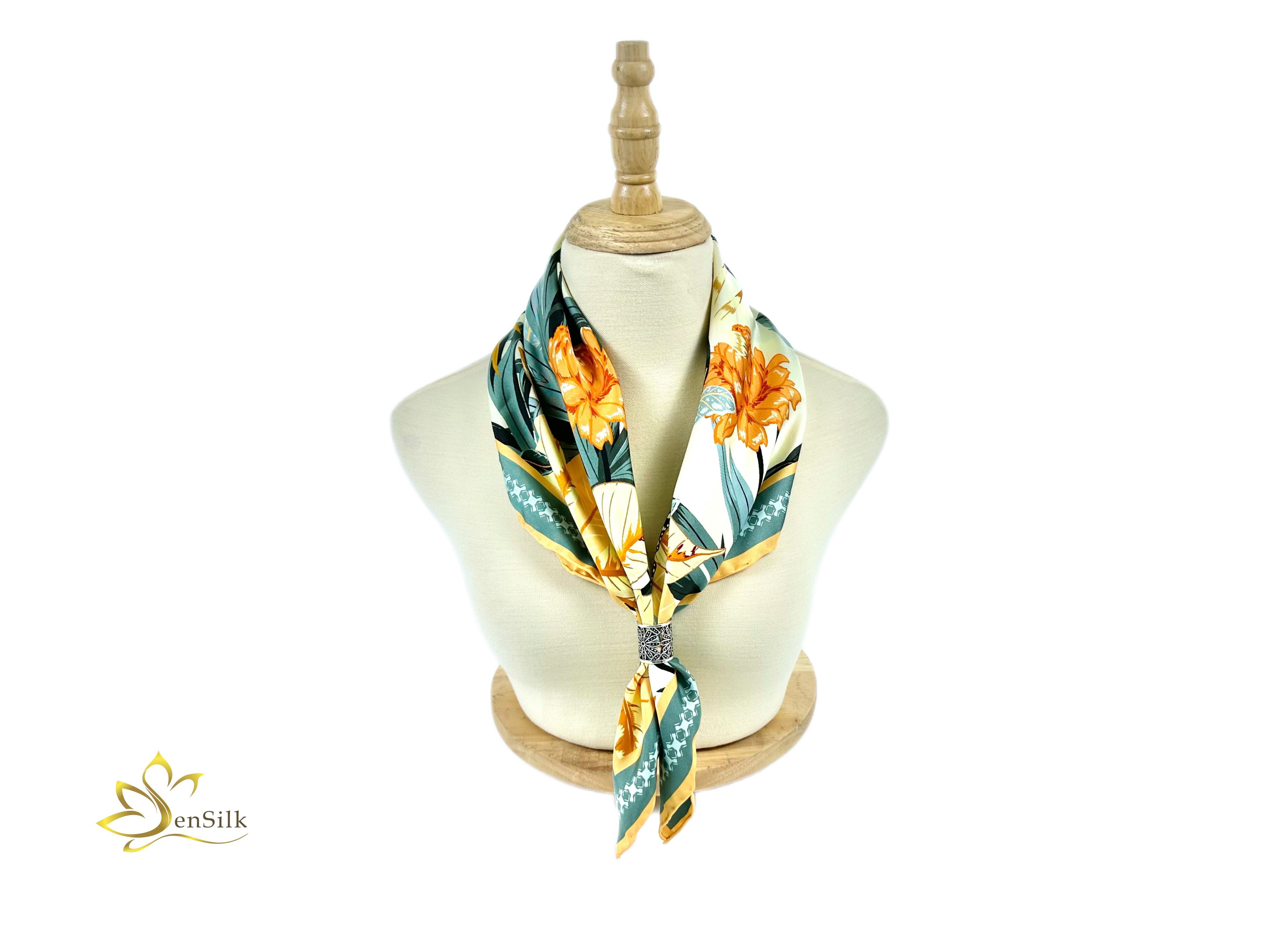 Khăn Lụa Vuông in Sen Silk KLVI01 65x65cm - Silk Square Printed Scarves - Khăn Quà Tặng Cao Cấp