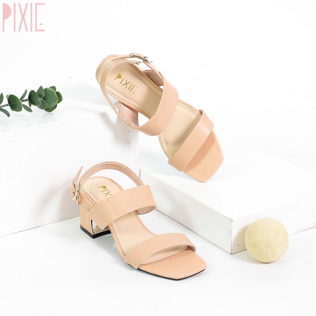 Giày Sandal Cao Gót 5cm Đế Vuông Ốp Đồng Quai Ngang Màu Đen Pixie X462