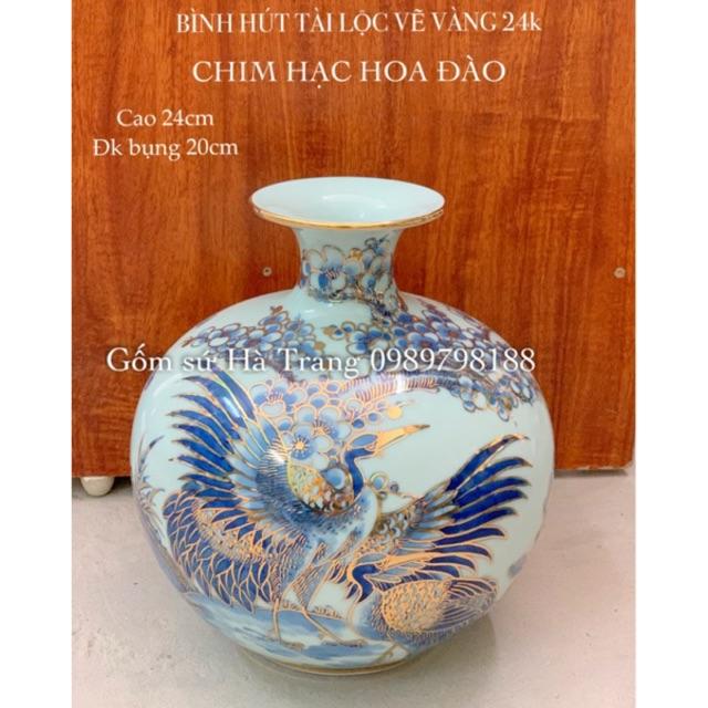 Bình hút tài lộc gốm sứ Bát Tràng cao cấp vẽ vàng 24K hoạ tiết chim hạc hoa đào cao 24cm