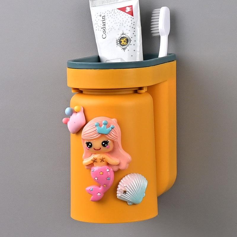 Giá đựng bàn chải đánh răng kiểu úp ngược tích hợp để cốc súc miệng kèm sticker dán kute