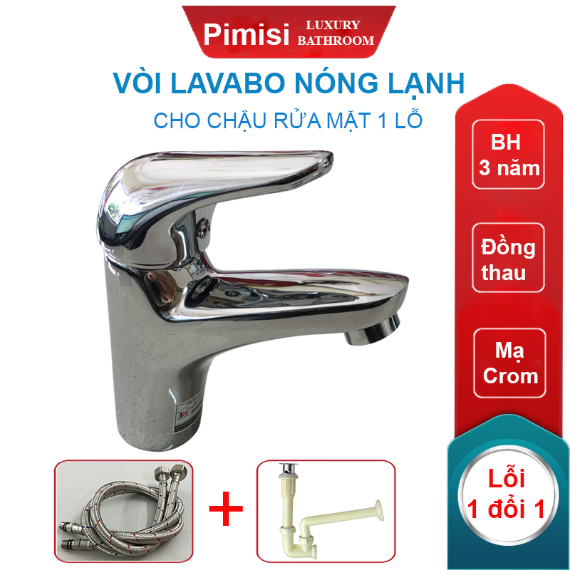 Vòi chậu rửa mặt nóng lạnh Pimisi cho chậu lavabo 1 lỗ bằng đồng thau - mạ crom, niken sáng bóng dùng trong nhà tắm - điều chỉnh nước bằng gật gù nóng lạnh gắn trên bồn chậu rửa mặt treo tường - bàn đá - mặt trên chậu rửa | Hàng chính hãng