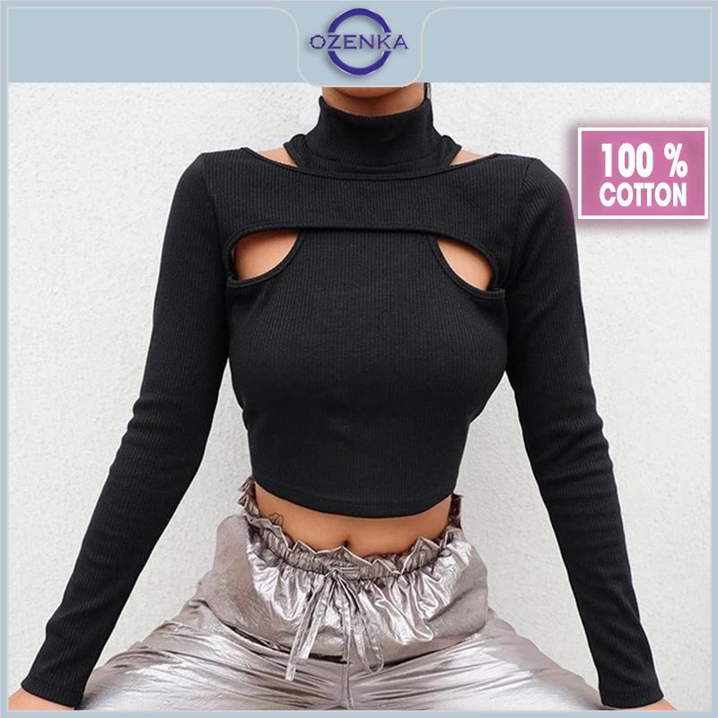 Áo croptop tay dài cổ cao hở vai ôm nữ OZENKA , áo crt kiểu hàn quốc 100% cotton đen trắng dưới 55 kg