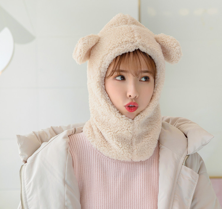 Mũ len lông cừu liền khăn cổ tai gấu dễ thương ấm áp mùa đông thích hợp cho bạn gái