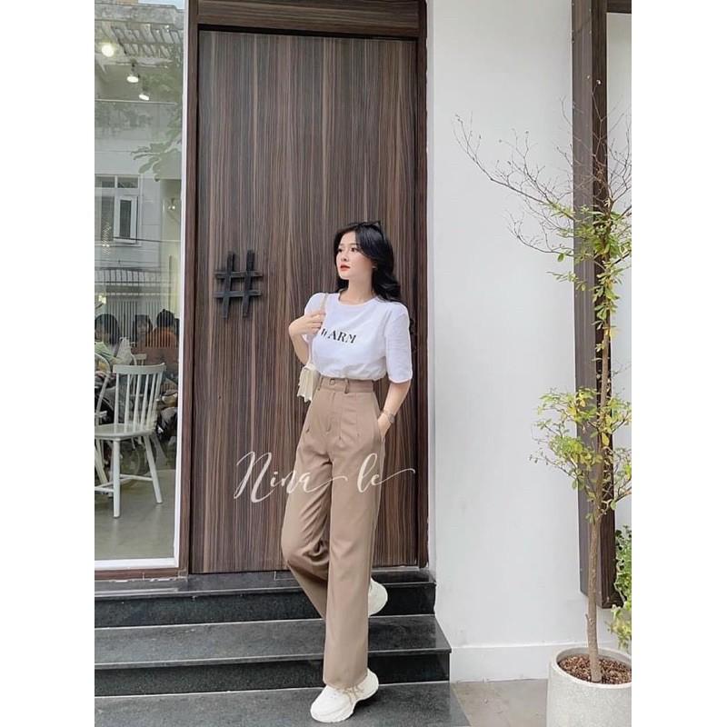 SET ÁO THUN TRẮNG CHỮ WARM MIX QUẦN ỐNG SUÔNG RỘNG BE LÊN DÁNG CHUẨN SIÊU XINH