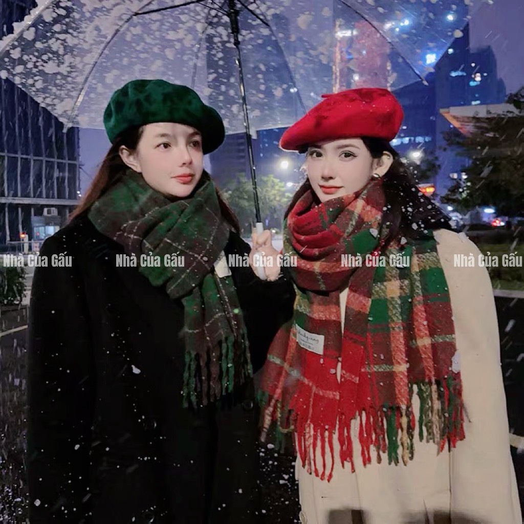 Khăn len choàng cổ nữ màu đỏ xanh hàng cao cấp