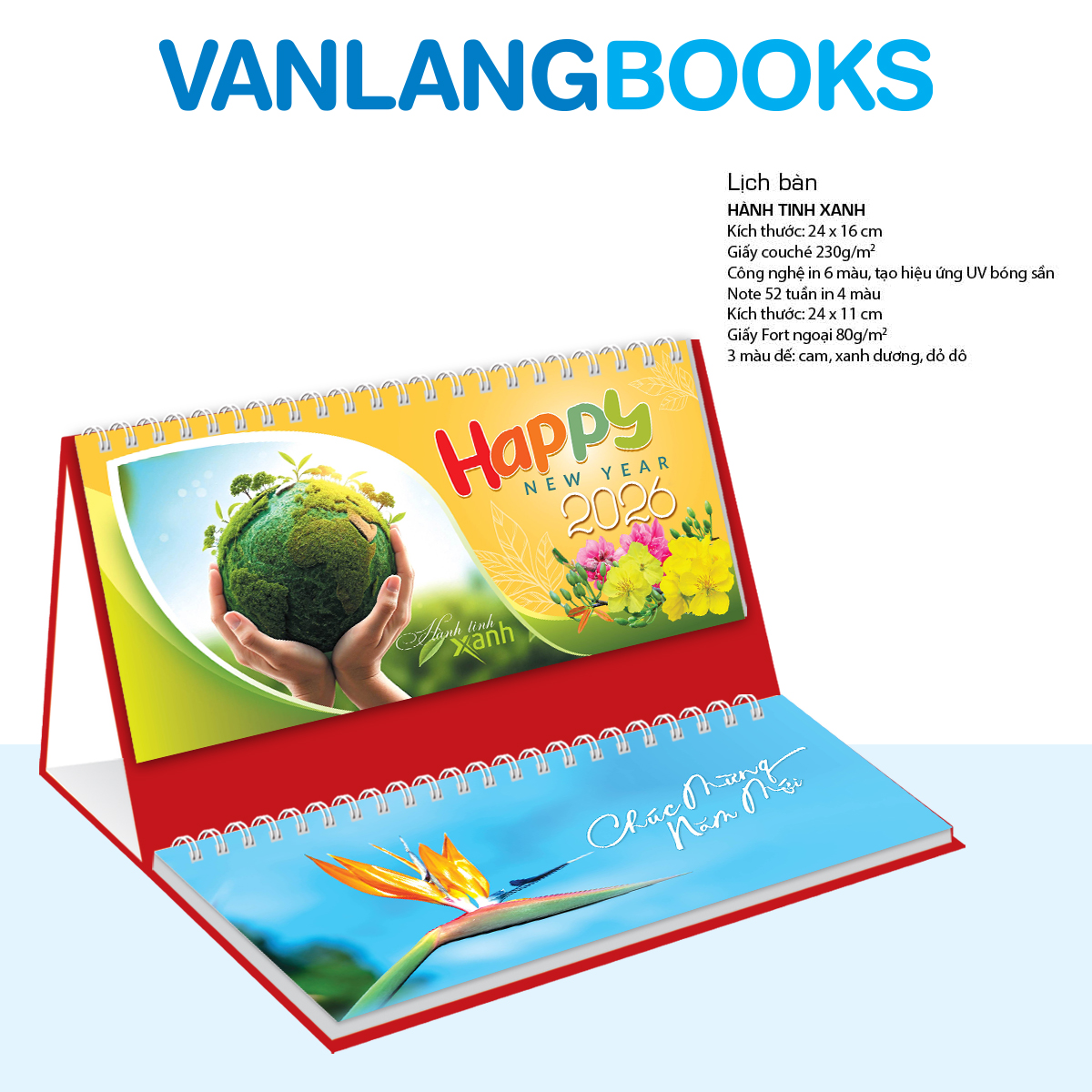 Lịch Bàn 2026 Vanlangbooks - Hành Tinh Xanh (VLLB14A) Kèm Note 52 Tuần Tiện Lợi - Màu Đỏ