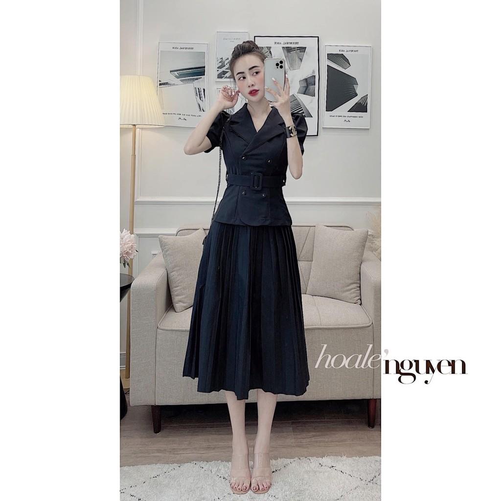 SET ÁO VEST NGẮN TAY KÈM ĐAI MIX CHÂN VÁY XẾP LY CHẤT QUẢNG CHÂU CAO CẤP SIÊU XINH