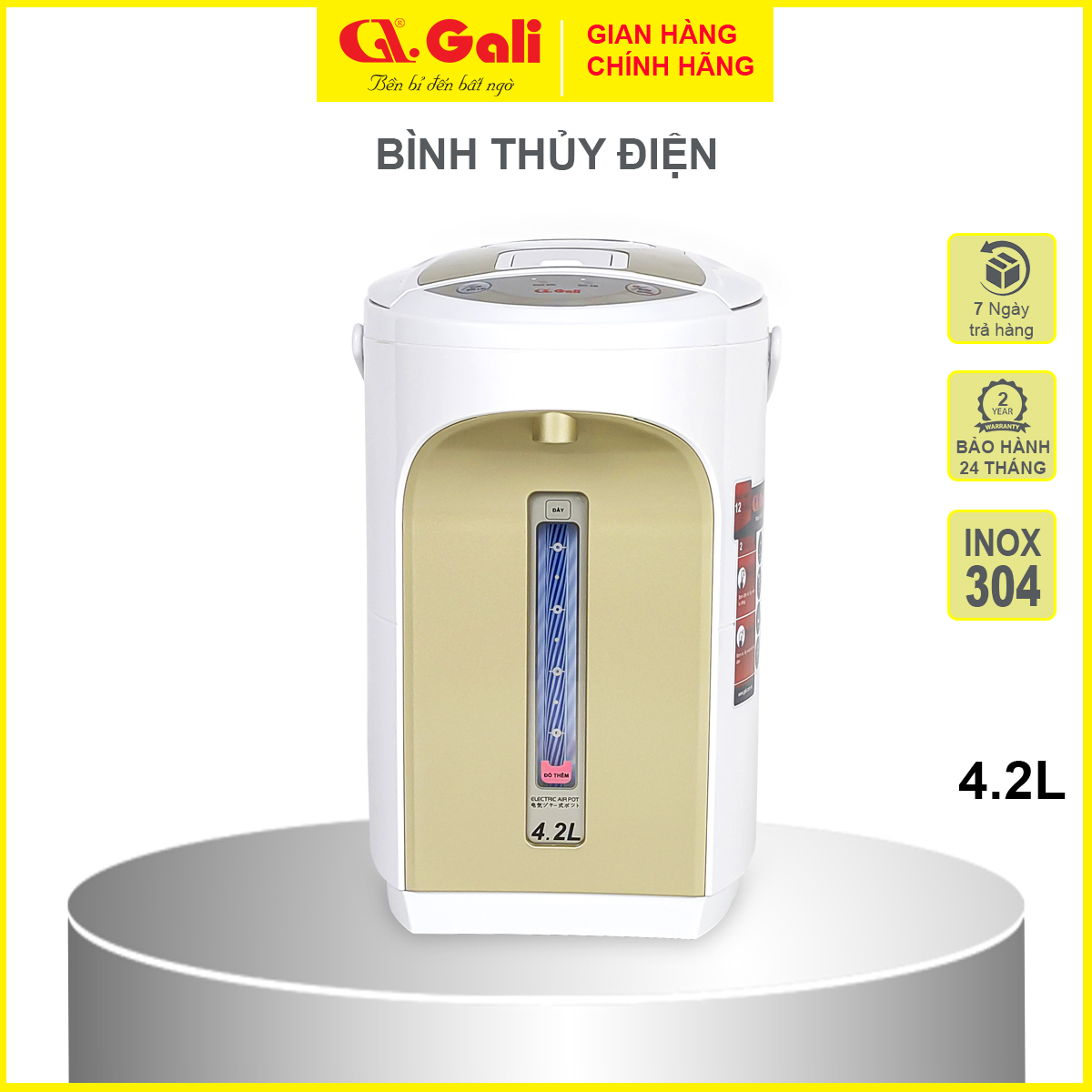 Bình thủy điện Gali, bình đun dung tích 4.2 lít, phích cấu tạo 2 lớp thân ngoài nhựa, ruột inox 304, hàng chính hãng 100%, bảo hành 24 tháng Gali