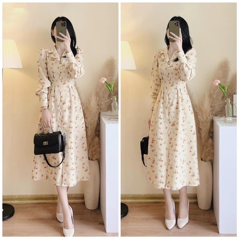ĐẦM MIDI HOA NHÍ CỔ SƠ MI BO EO THANH LỊCH