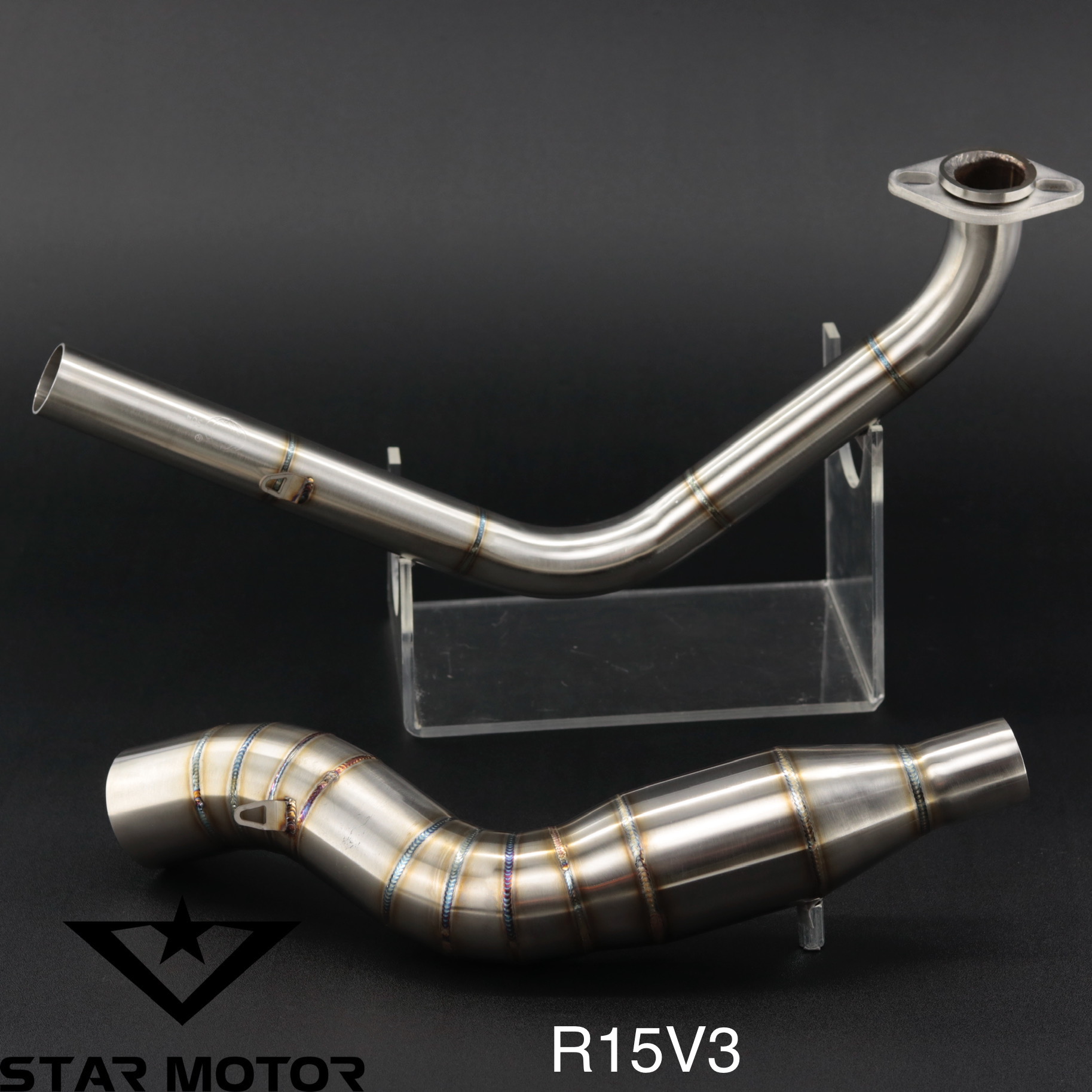 Combo Cổ pô R15V3 kèm cổ bầu hơi Inox 304 đường hàn mũi tên