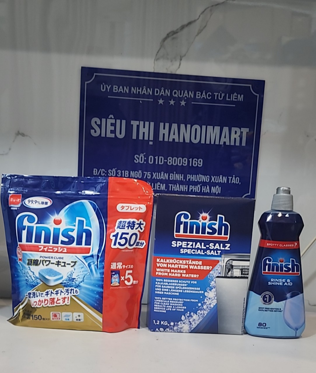 Combo Viên rửa bát Finish Nhật 150 viên + Muối Finish 1,2kg + Nước làm bóng Finish 400ml