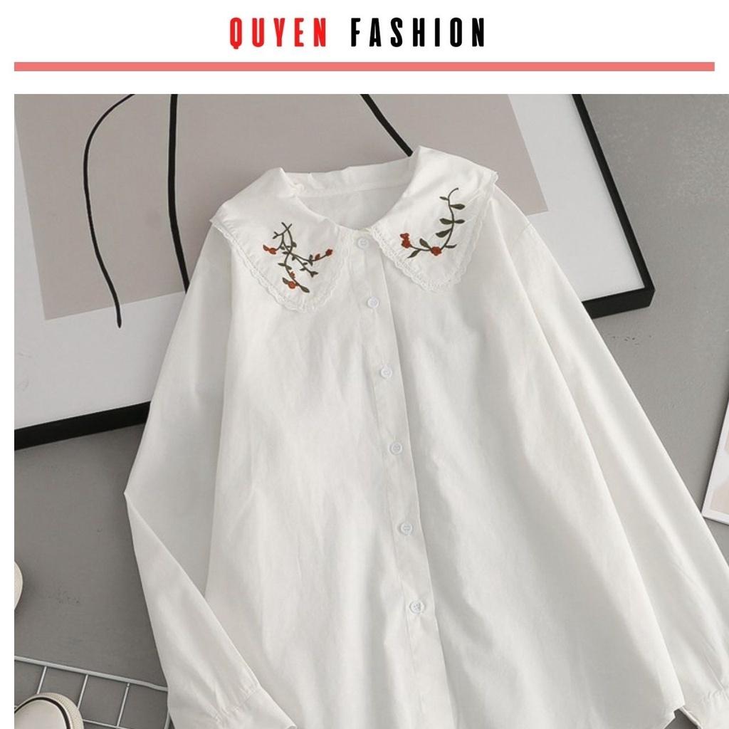 Áo sơ mi cổ thêu hoa công sở Quyên Fashion AA555 màu trắng tay tiểu thư