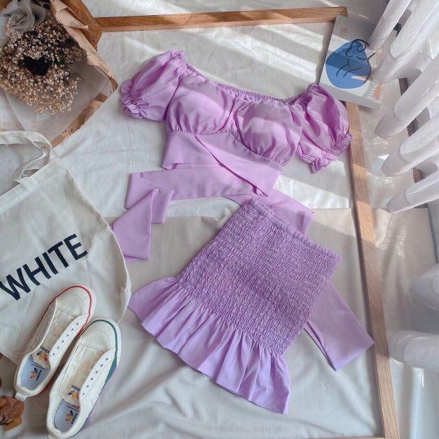 Set áo cột nơ phối chân váy nhún