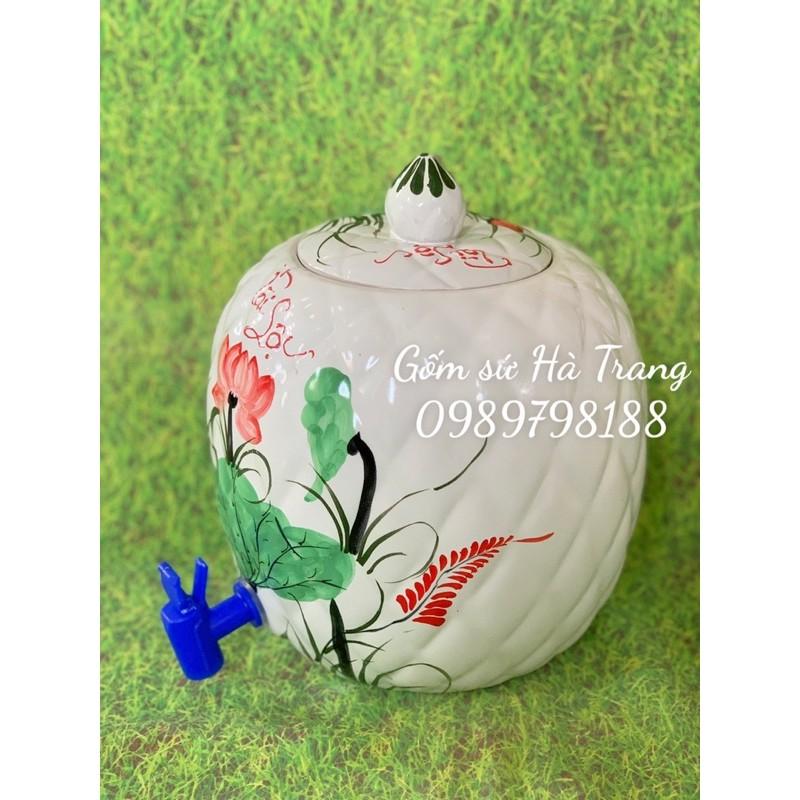 Bình nước gốm sứ Bát Tràng cao cấp men trắng vẽ sen đỏ phú quý tài lộc
