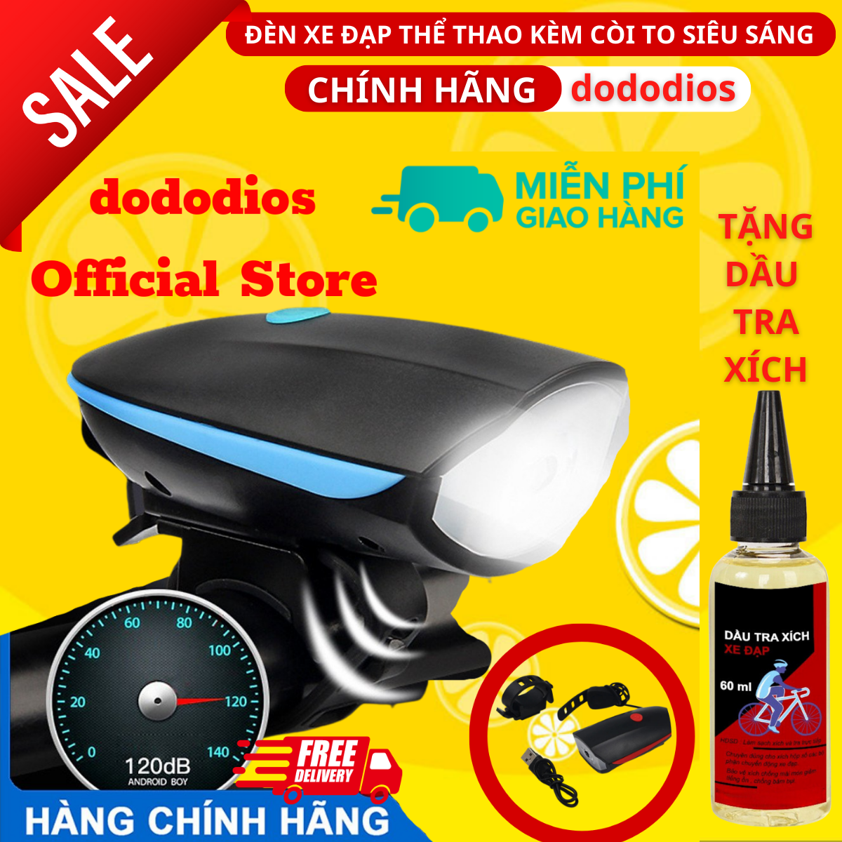 [TẶNG Dầu Tra Xích] Đèn xe đạp thể thao dododios siêu sáng có còi pin sạc usb led T6 chống nước - Hàng chính hãng