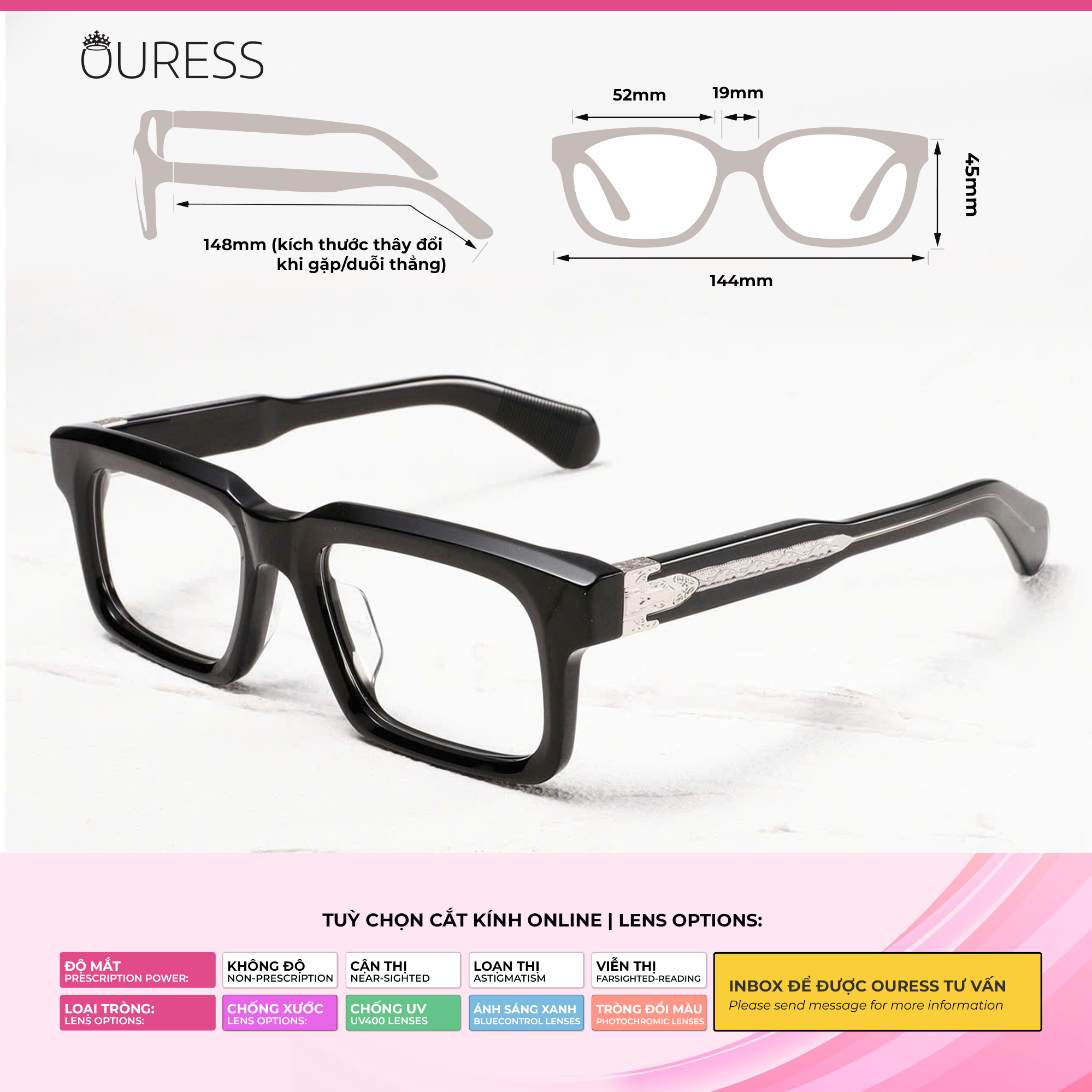 Gọng kính nhựa acetate 302LX cận /viễn/loạn thời trang cao cấp nam nữ siêu bền OURESS