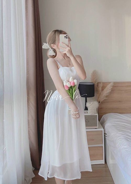 Đầm Voan Trắng 2 Dây Form Dài Cổ Cách Điệu Thời Trang