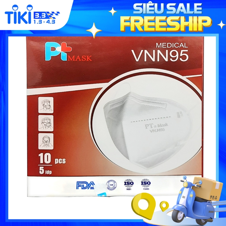 Khẩu Trang VN N95 PT Mask, 5 Lớp, kháng Khuẩn, Chống Bụi Siêu Mịn PM2.5, Màu Trắng - Một Hộp Gồm 10 Cái, Đạt Các Chứng Chỉ ISO 13485, ISO 9001, CE, FDA, TGA.