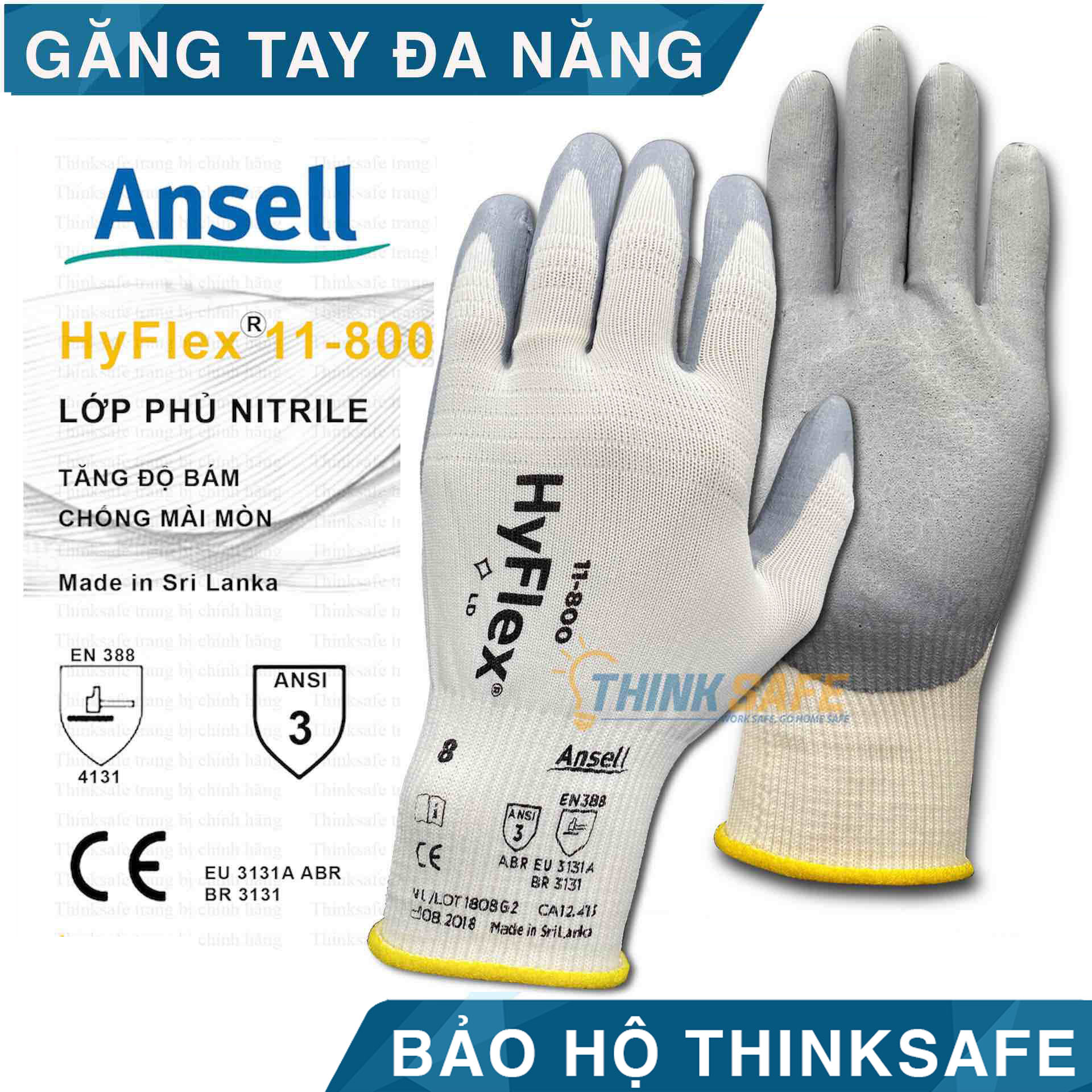 Găng tay đa năng Ansell Hyflex 11-800 bao tay chống dầu nhớt, ôm sát tay, độ khéo léo cao, bao tay bảo hộ lao động cơ khí, kỹ thuật chính xác (Pro Code: 11800080, 11800090)