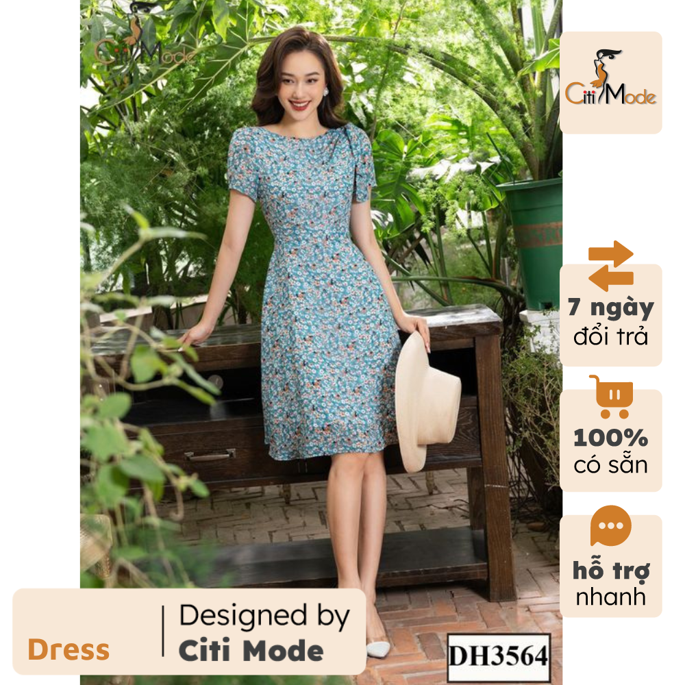 Đầm xoè hoa nhí xanh dương phối nơ vai DH3564