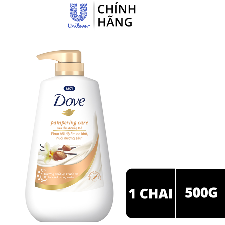 Sữa tắm dưỡng thể Dove Pampering Care phục hồi độ ẩm da khô với bơ hạt mỡ và hương hoa vanilla 500g