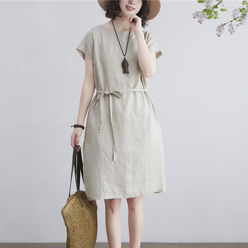 Đầm linen công sở họa tiết trơn, đầm babydoll form rộng che khuyết điểm CS81