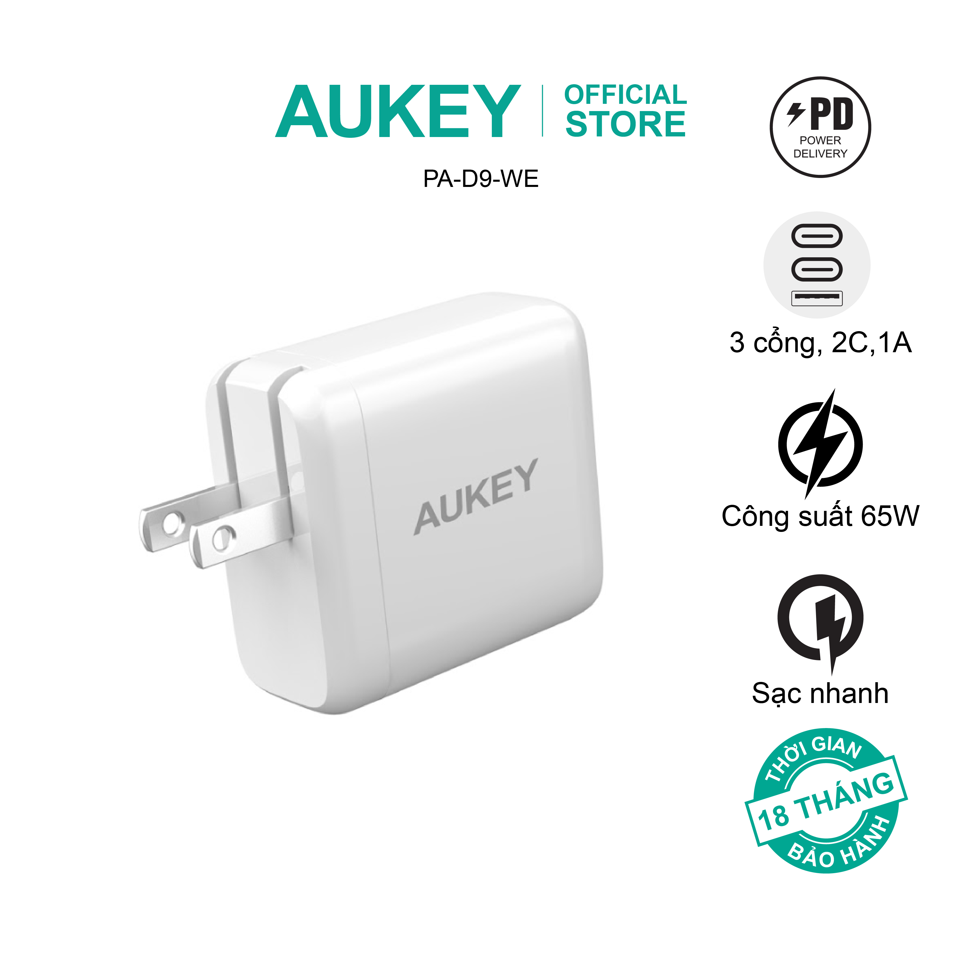 Combo bộ sạc Aukey cho Macbook, ipad, thiết bị Android củ sạc PA-D9 65W và cáp sạc CB-CD30 hàng chính hãng