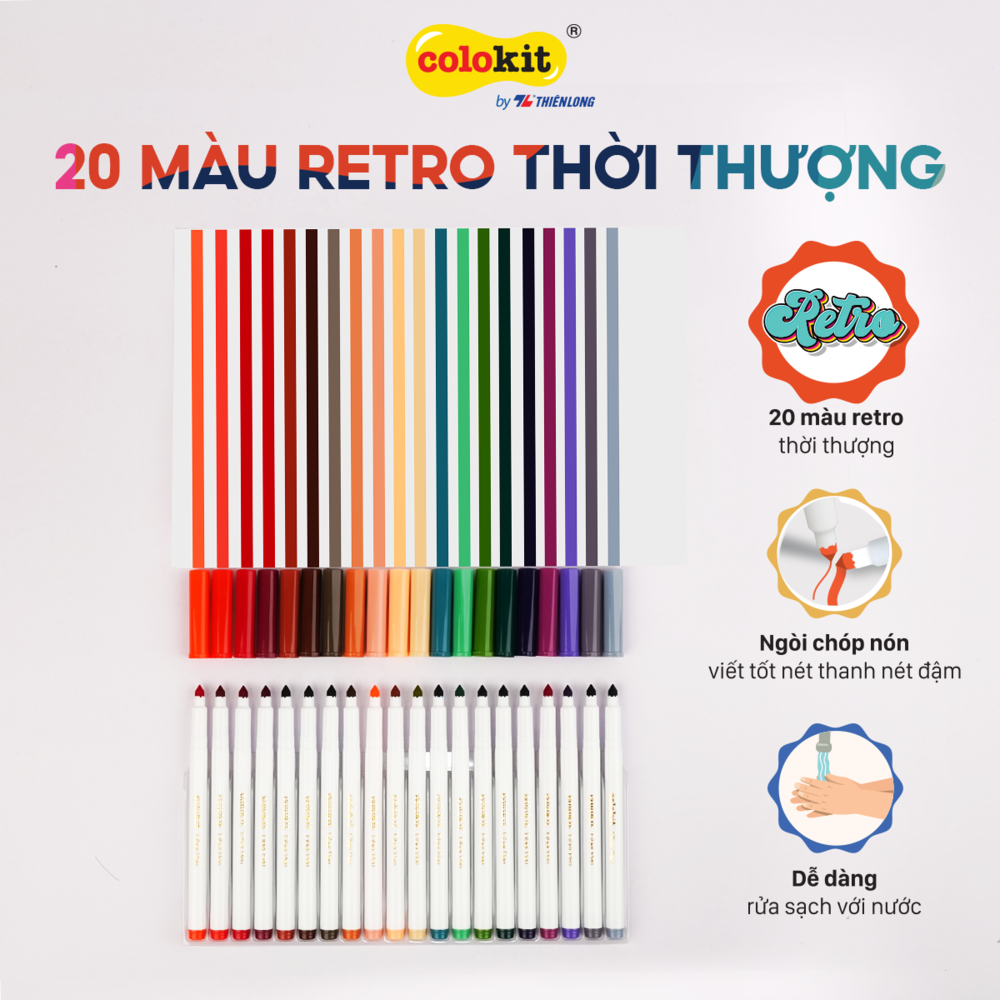 Bút lông màu Fiber Pen 20 màu Retro Thiên Long Colokit rửa được ngòi chóp viết nét thanh nét đậm SWM-C009