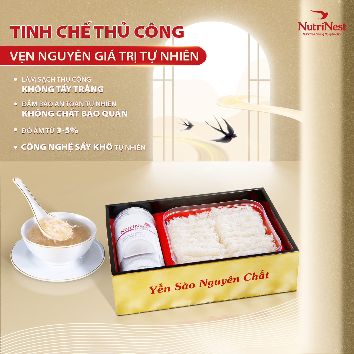 Tổ Yến Sào Rút Lông Sợi NutriNest Tiện Dụng Chưng Nhanh 50g - Kèm Đường Phèn - Hộp Sơn Mài Vàng