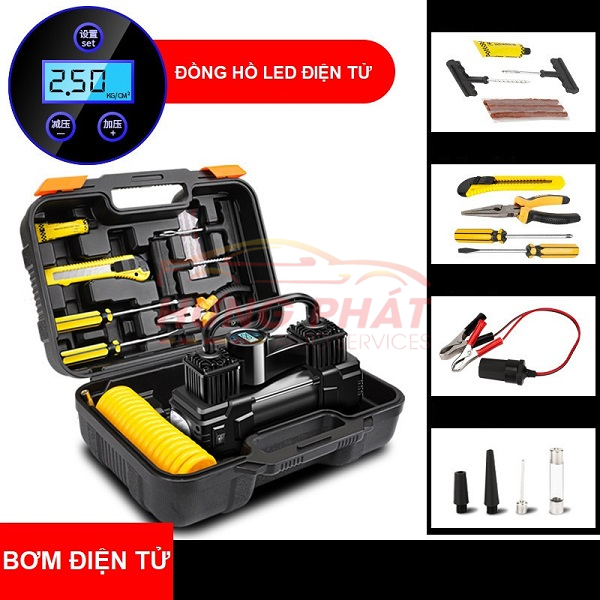 Bơm Lốp Ô Tô Xe Hơi 2 XiLanh Công Suất Cực Lớn Kèm Hộp Dụng Cụ