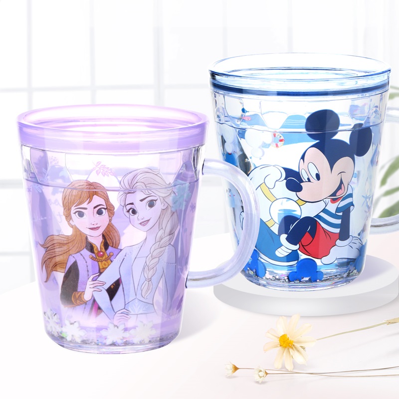 Ly quai cầm tay 2 lớp nhũ nước kim tuyến trong suốt hình công chúa Elsa và Anna màu tím siêu cute cho bé gái 260ml - 118VNDP2502
