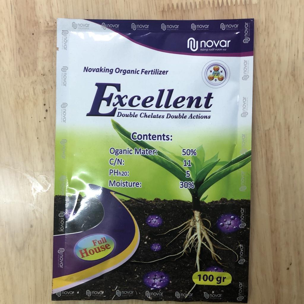 Phân bón hữu cơ Excellent 100g, ra rễ mạnh, giúp cây ra hoa, đậu trái, lớn trái, to củ, mã đẹp, phát triển đồng đều