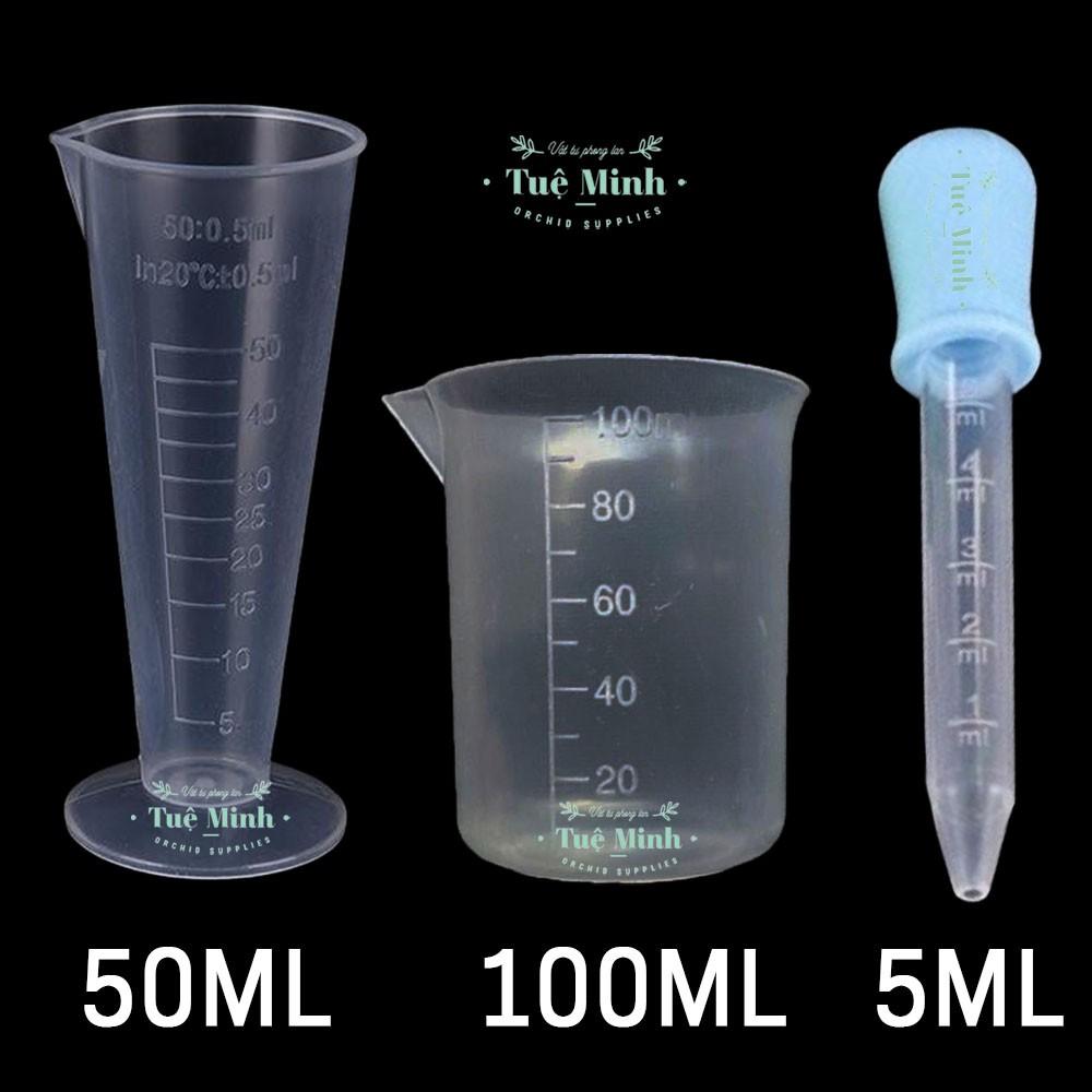 Bộ dụng cụ ly đong nhựa có vạch chia định lượng 5ml, 50ml, 100ml